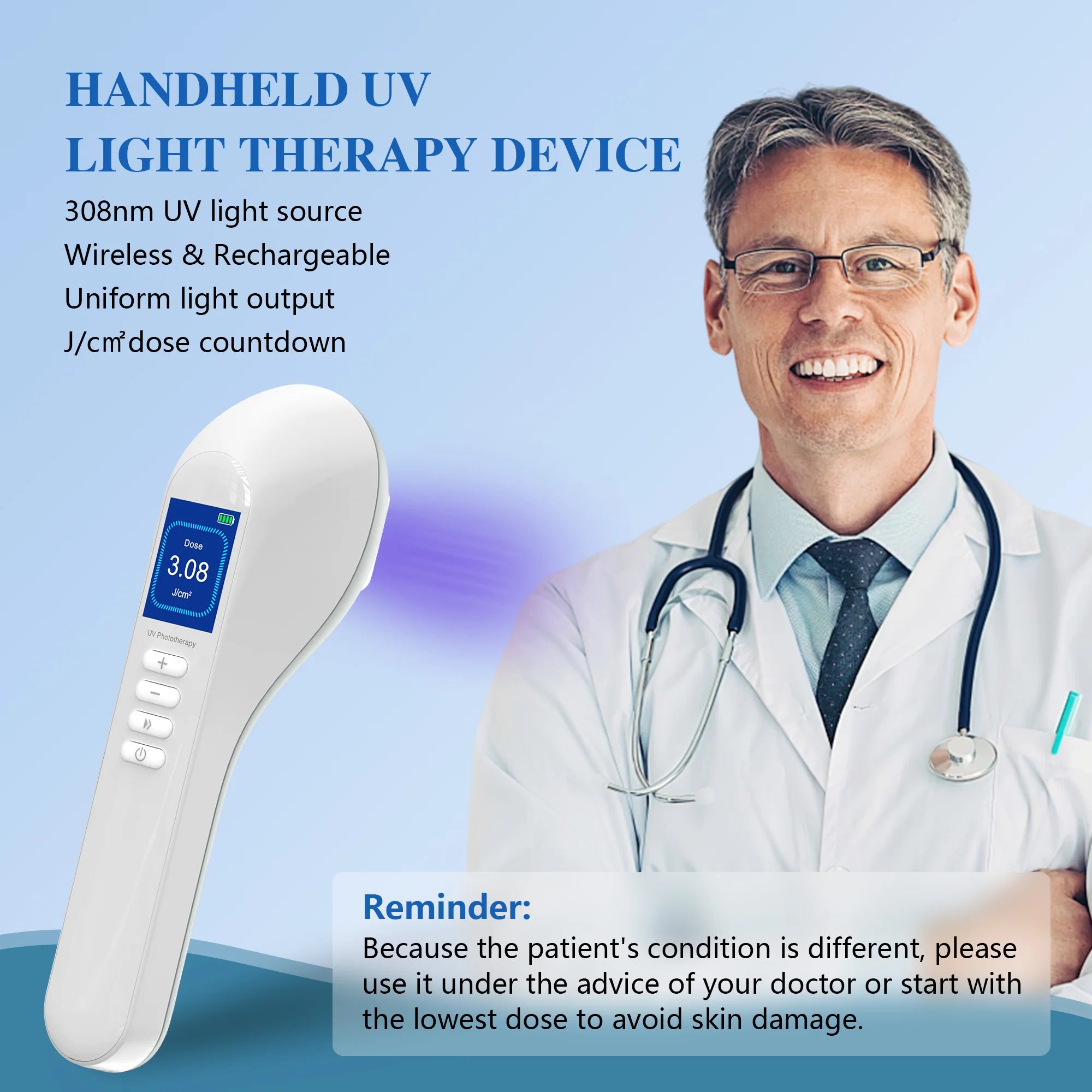 Handheld UVB Phototherapy Device for Vitiligo & Psoriasis - Portable 308nm Light Therapy Lamp by UVBtreatment