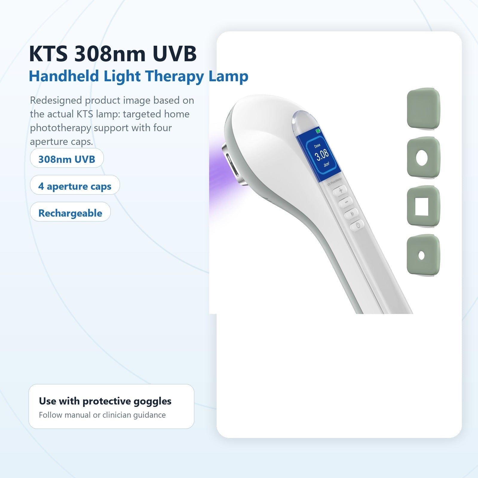 Redesigned KTS 308nm UVB handheld light therapy lamp hero image with aperture caps
