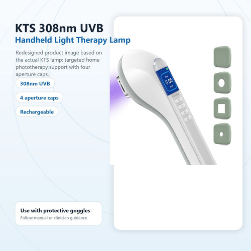 Redesigned KTS 308nm UVB handheld light therapy lamp hero image with aperture caps