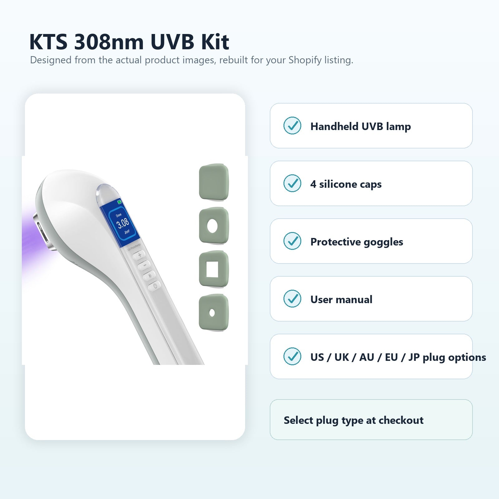 KTS 308nm UVB kit contents redesigned image with lamp caps and plug options